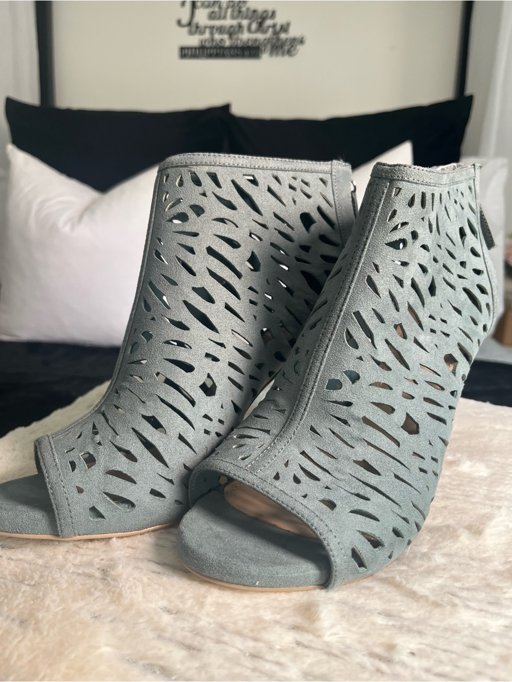 White Fox Boutique Gray Laser-Cut Peep-Toe Ankle Mules